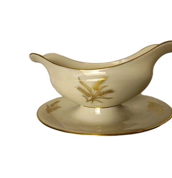 Lenox Harvest Wheat - 24k Gold Edged - Gravy Boat w/ Attached Underplate - EX!